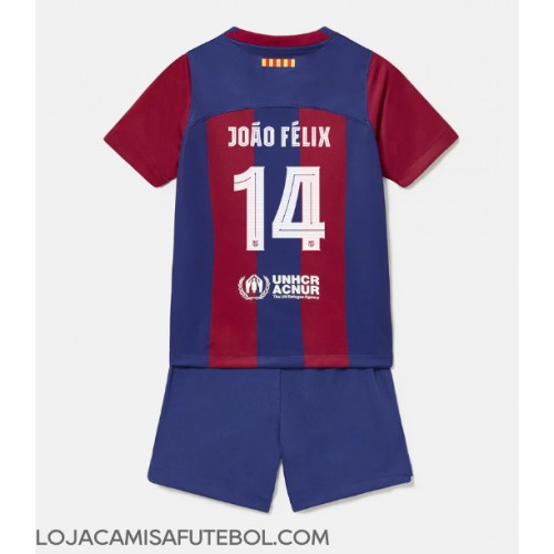Camisa de Futebol Barcelona Joao Felix #14 Equipamento Principal Infantil 2023-24 Manga Curta (+ Calças curtas)